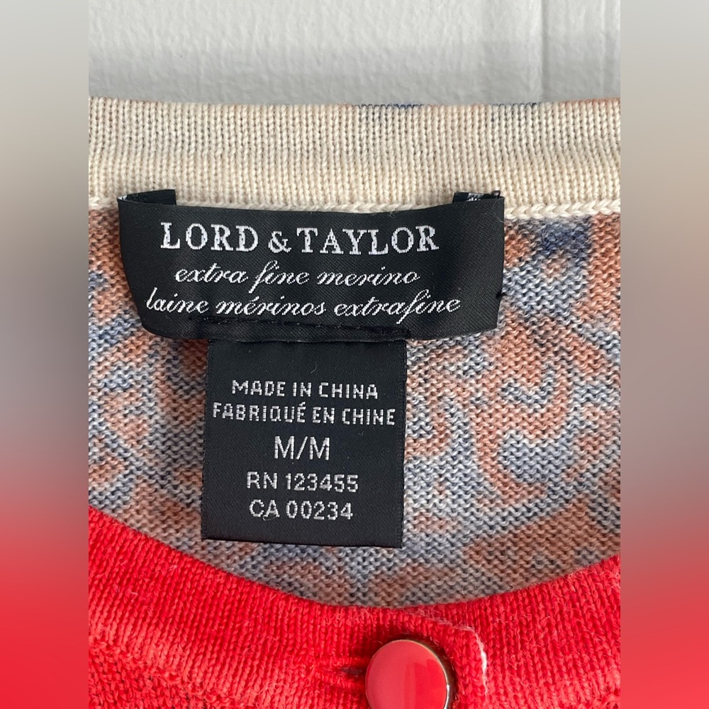 Red Cardigan Lord & Taylor Merino Wool Baroque Tapestry Sweater Size M Vintage - Picture 6 of 13